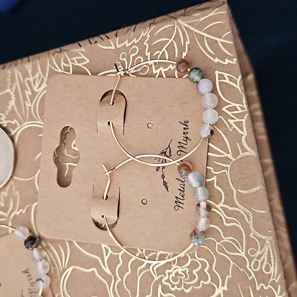 Gold plated hoop earrings with agate stone mothers day